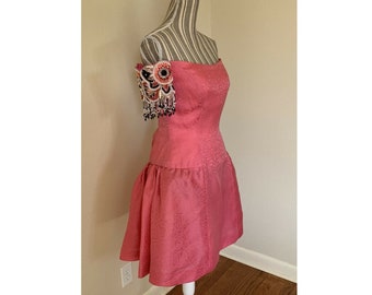 Vintage 80s Pink Mini Dress Off Shoulder Sleeves Beaded Women’s Small