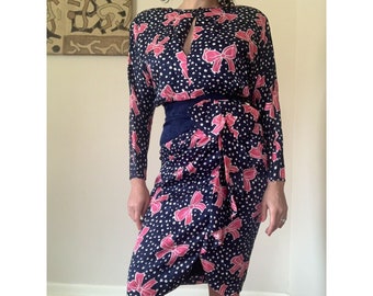 Vintage AJ BARI Silk Dress Size 8 With Pink Bows Medium