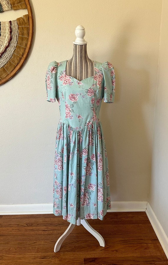 Vintage 90s Floral Tea Dress Puff Sleeves Woman's 