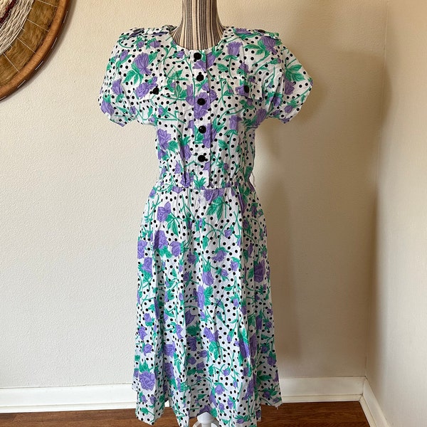 Vintage 80s S.L Fashions Floral Polkadot Tea Dress Woman's M