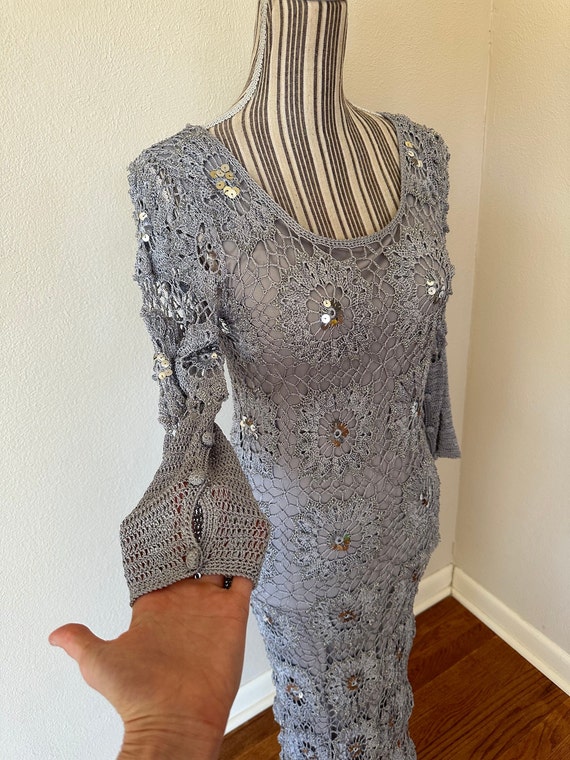 Vintage Y2K Bias Cut Silver Crocheted Dress Woman… - image 10