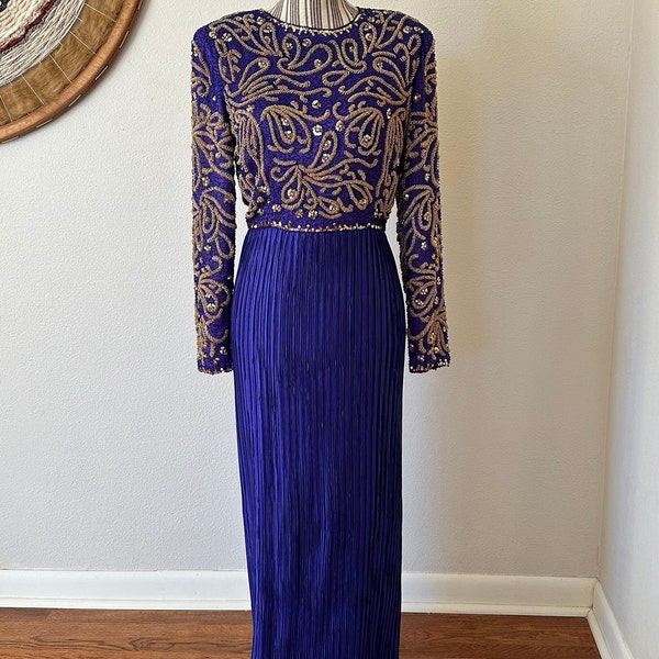 Vintage 80s George F Couture Beaded Purple Evening Gown Dress Pleating Size 6