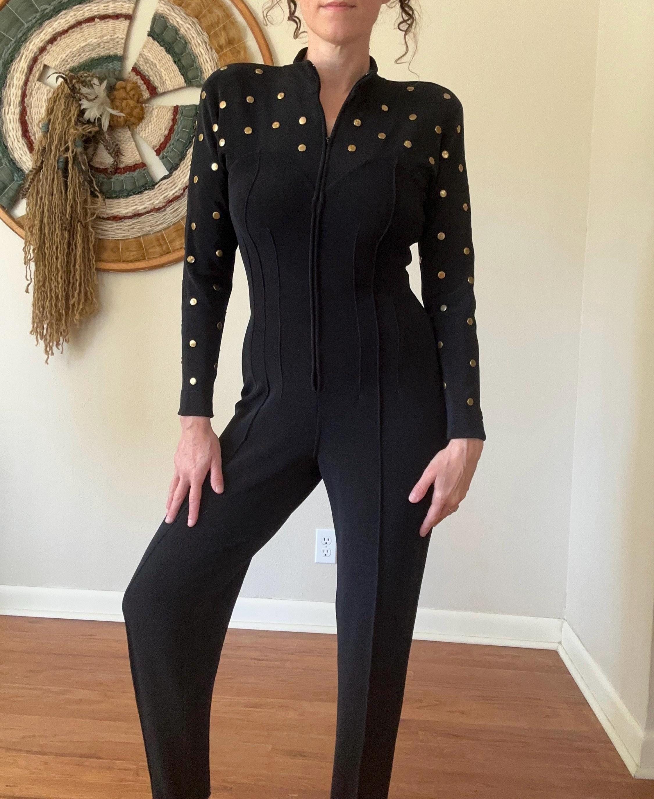 vintage 80s タートル　ブラック Vintage 80s Tadashi Black Spandex Catsuit Jumpsuit Glamour Women's