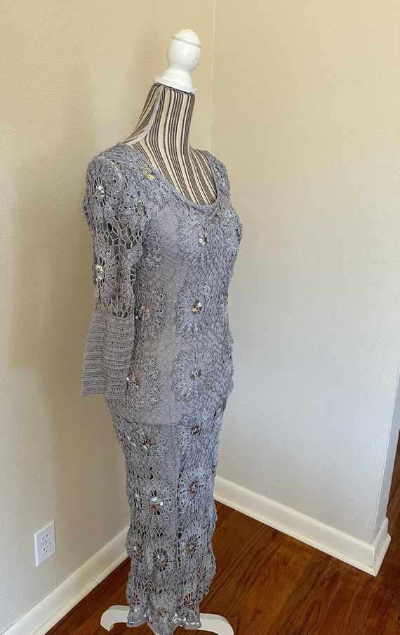 Vintage Y2K Bias Cut Silver Crocheted Dress Woman… - image 8