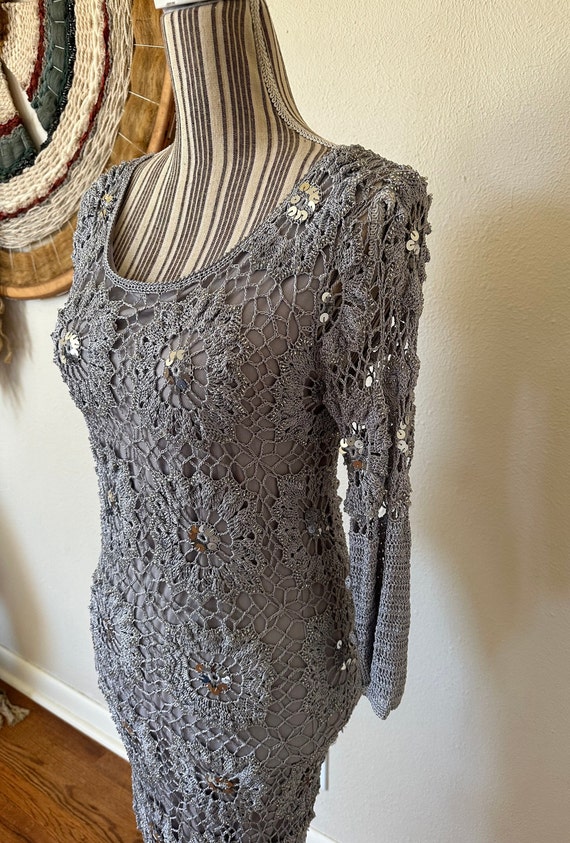 Vintage Y2K Bias Cut Silver Crocheted Dress Woman… - image 5