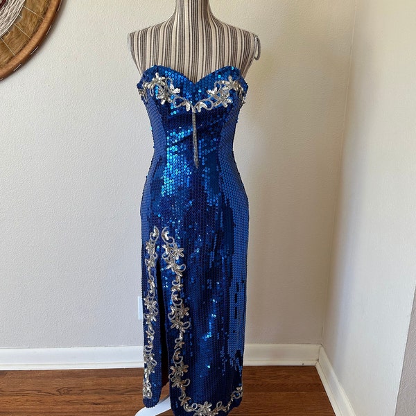 Vintage 80s Valerie Banks Designs Blue Silver Sequin Gown Woman's S