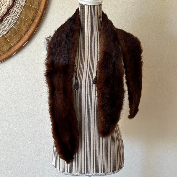 Vintage 40s 50s Real Mink Fur Scarf Original Drape Stole Wrap Brown