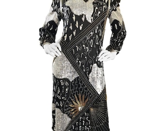 Vintage Judith Ann Black Silver Gold Sequin Beaded Silk Chiffon Flapper Dress L