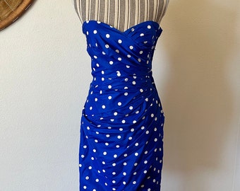 Vintage 90s Victor Costa Strapless Blue Polkadot Party Dress Woman's S