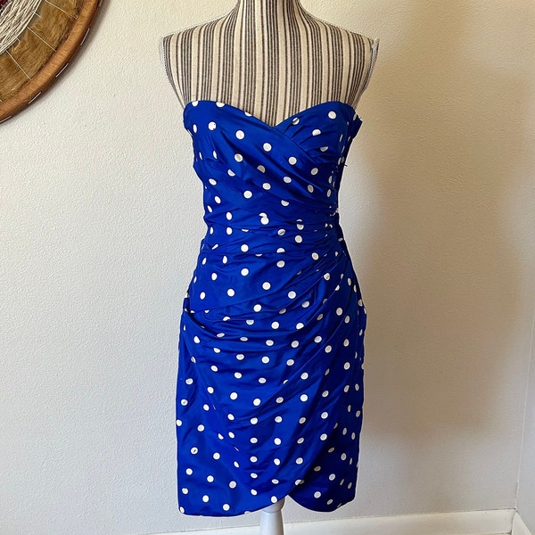 Vintage 90s Victor Costa Strapless Blue Polkadot Party Dress Woman's S