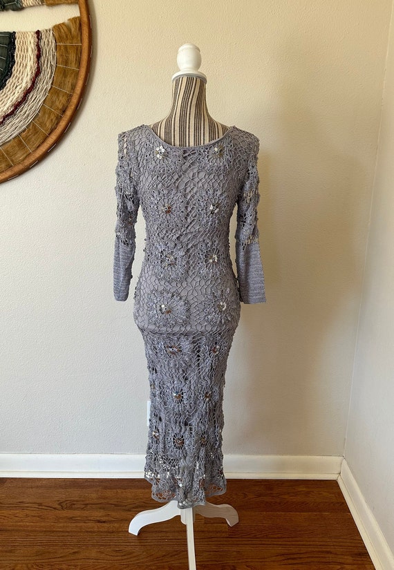 Vintage Y2K Bias Cut Silver Crocheted Dress Woman… - image 7