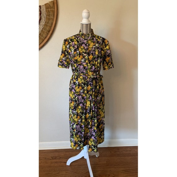 Vintage 70s Floral Pleated Dress Mid Mod Womans M - image 4