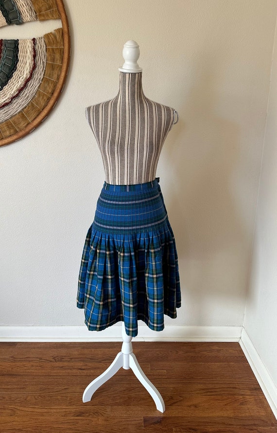 Highland Queen Skirt Midi Pleated Kilt Vintage Wool Plaid Size S Blue