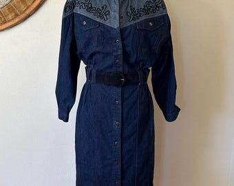 Vintage 90s Denim Country Cowgirl Dress Together Women's S