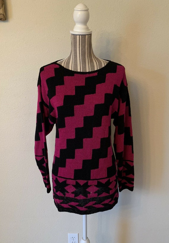 Vintage Bonwit Teller 90s Pink Black Sweater Medi… - image 1