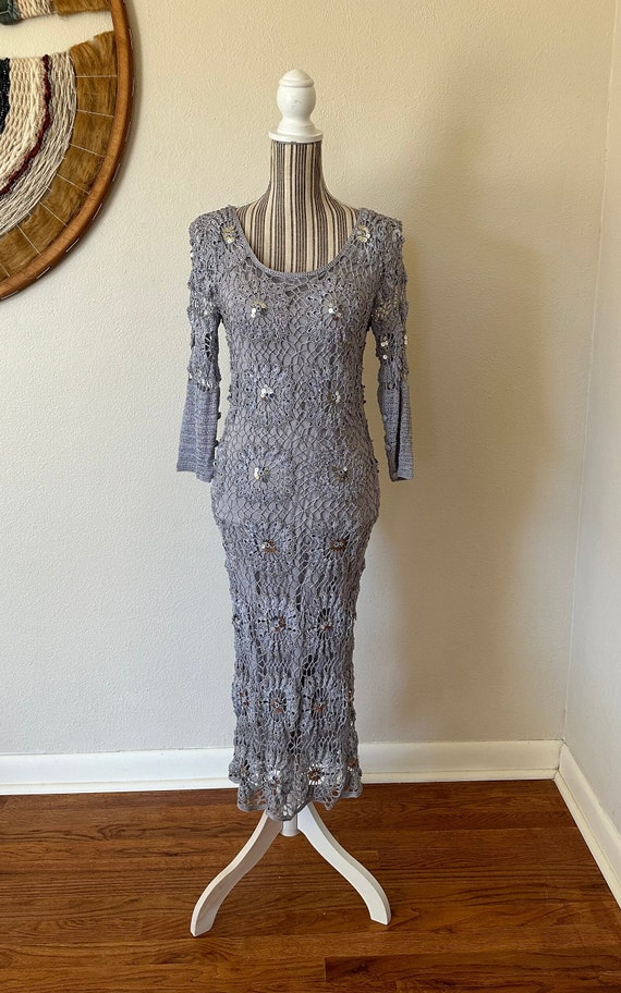 Vintage Y2K Bias Cut Silver Crocheted Dress Woman… - image 3