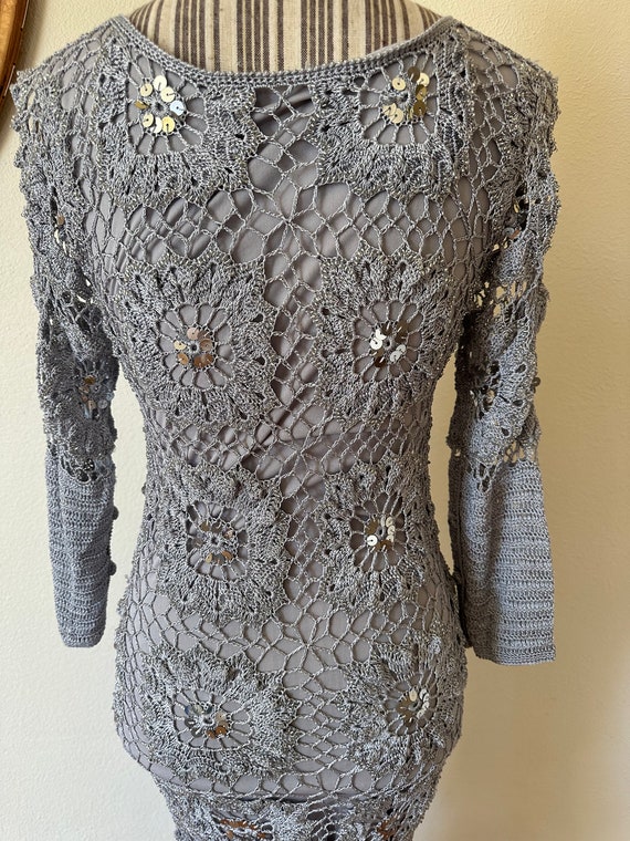 Vintage Y2K Bias Cut Silver Crocheted Dress Woman… - image 6