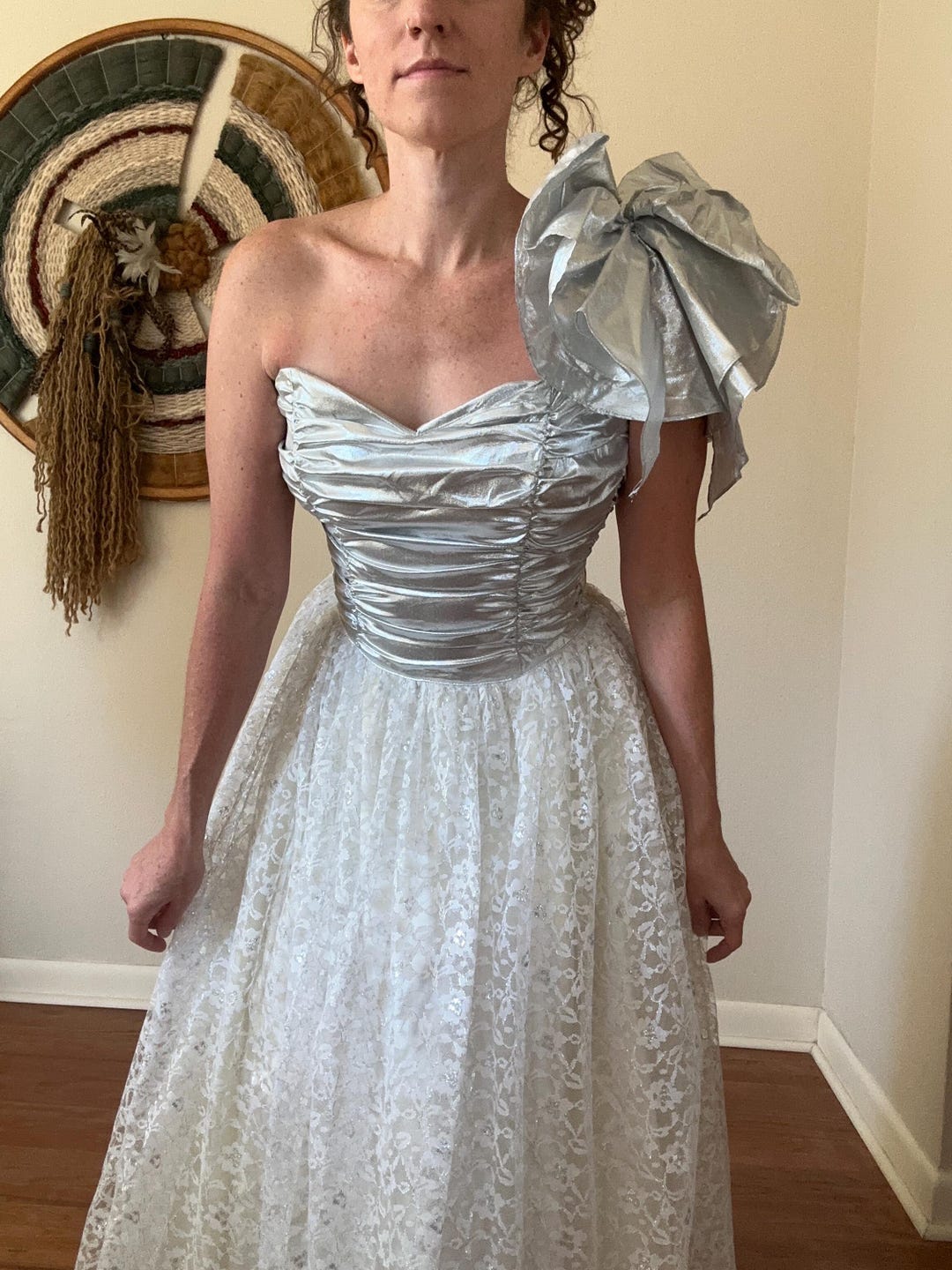 Vintage 80s Gunne Sax Jessica Mcclintock Silver Metallic Lace Dress ...