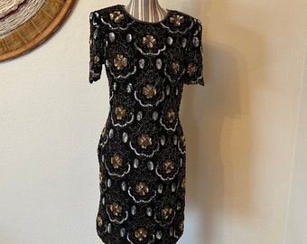 Vintage 90s Adrianna Papell Sequin Beaded Silk Cocktail Dress Woman's M/L