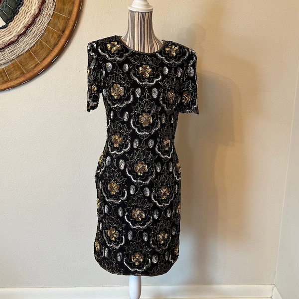 Vintage 90s Adrianna Papell Sequin Beaded Silk Cocktail Dress Woman's M/L