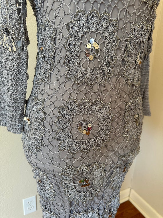 Vintage Y2K Bias Cut Silver Crocheted Dress Woman… - image 4