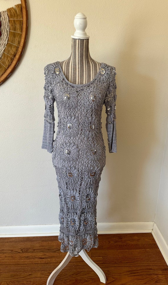 Vintage Y2K Bias Cut Silver Crocheted Dress Woman'