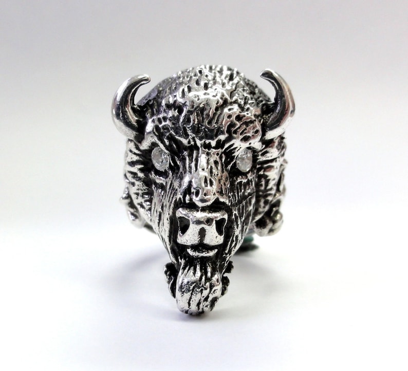 Men's Silver Buffalo Ring With Natural White Diamonds By Etsy