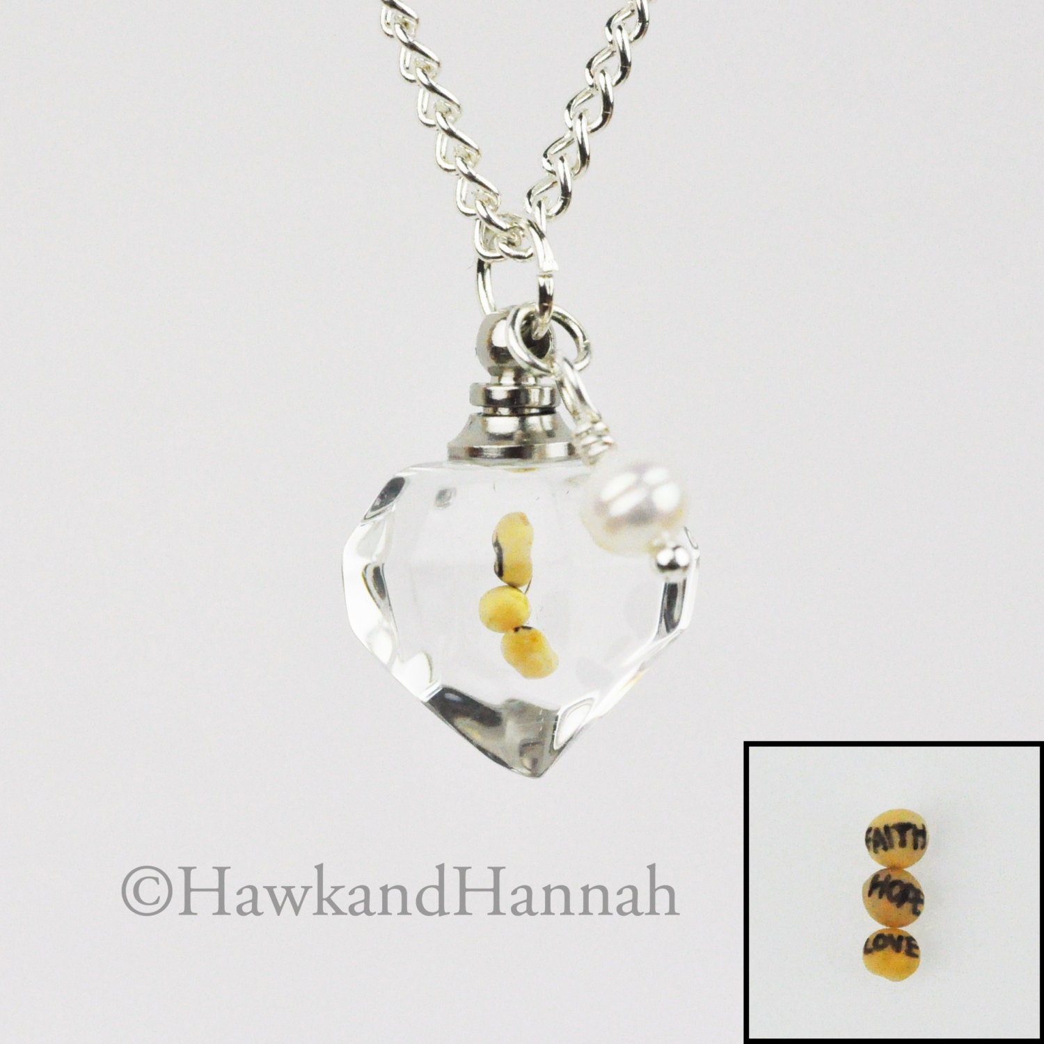 Faith Hope Love Mustard Seeds in Teardrop Pendant Necklace by Hawk and