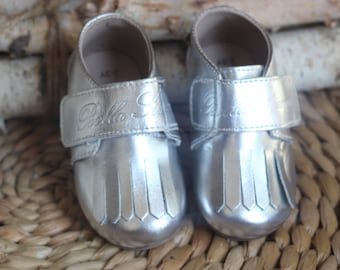 LEATHER LOAFERS! Bella Simone Leather Silver Grey Baby Toddler Infant loafers with Soft or Rubber Sole