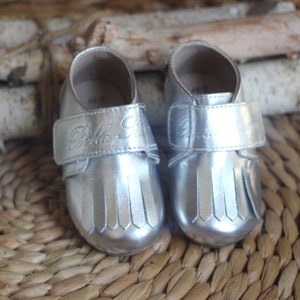 LEATHER LOAFERS Bella Simone Leather Silver Grey Baby Toddler Infant loafers with Soft or Rubber Sole image 1