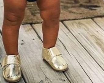 LEATHER LOAFERS! Bella Simone Leather Gold Baby Toddler Infant Kid shoes with Soft or Rubber Sole