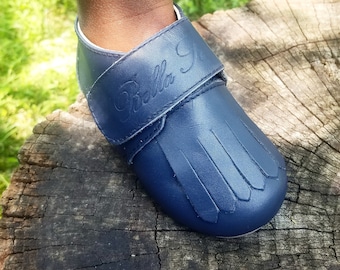 LEATHER LOAFERS! Bella Simone Leather Navy Blue Baby Toddler Infant Kid shoes with Soft or Rubber Sole