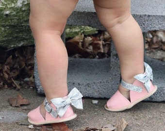 SALE ON SANDALS! Bella Simone Girls Leather Pink & Silver Glitter Sandals with Bow - Infant and Toddler Soft or Rubber Sole