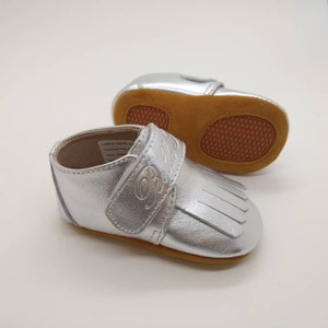 LEATHER LOAFERS Bella Simone Leather Silver Grey Baby Toddler Infant loafers with Soft or Rubber Sole 6- 12 mths soft sole US kids'