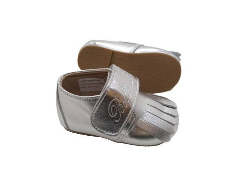 LEATHER LOAFERS Bella Simone Leather Silver Grey Baby Toddler Infant loafers with Soft or Rubber Sole image 2