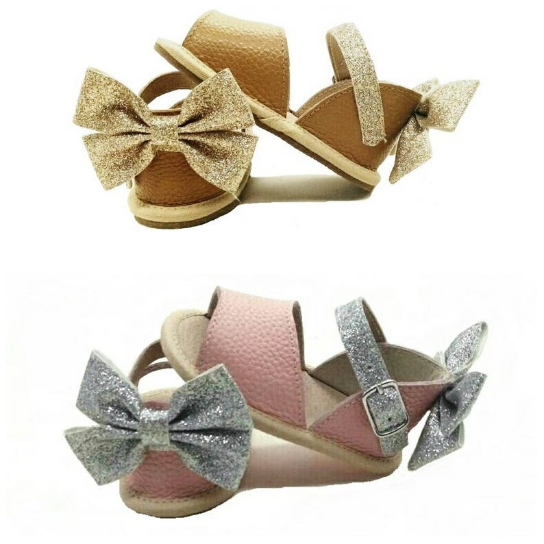 SALE ON SANDALS Infant and Toddler Soft or Rubber Sole Bella Simone Girls Leather Pink /& Silver Glitter Sandals with Bow