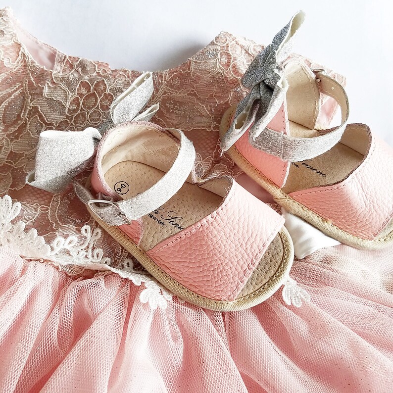 SALE ON SANDALS Infant and Toddler Soft or Rubber Sole Bella Simone Girls Leather Pink /& Silver Glitter Sandals with Bow