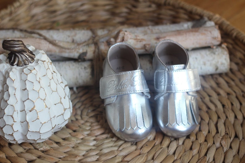 LEATHER LOAFERS Bella Simone Leather Silver Grey Baby Toddler Infant loafers with Soft or Rubber Sole image 1