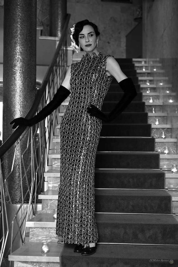 1960 abito senza maniche Vintage color nero con d… - image 6