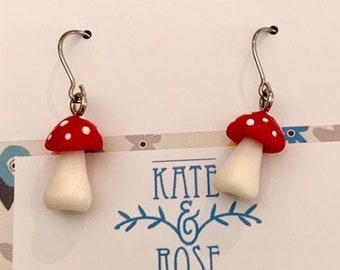 Toad stool dangle earrings - Toad stool drop earrings - Red and White polymer clay toad stools by Kate & Rose