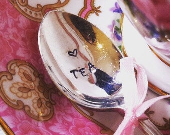 Vintage silver plate demitasse spoon - hand stamped with "Love Tea" - Mother's Day, Birthday gift - Tea Lover gift - upcycled -vintage