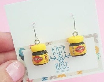 Vegemite inspired - vegemite earrings - drop earrings - breakfast earrings - jar earrings - polymer clay drop earrings - food jewellery