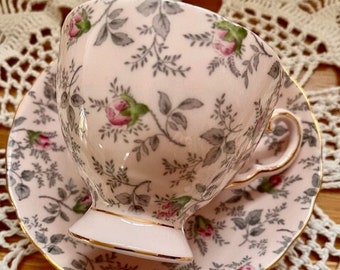 Vintage Royal Tuscan fine bone china pretty pastel pink rose and chintz teacup duo - pattern # 9296H