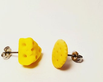 Chedder cheese triangle & a cracker polymer clay stud earrings - Block of cheese studs  - cracker studs - cheese and cracker studs