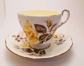 Vintage Teacup duo by Paragon of England - Pattern is 'Sunset' - Rose design - Yellow inlay - Rose teacup - Vintage teacup and saucer -