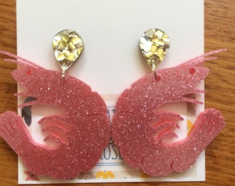 Light Pink Prawn glitter statement studs - Christmas prawn dangles - don't come the raw prawn with me - prawn drop earrings - Xmas earrings