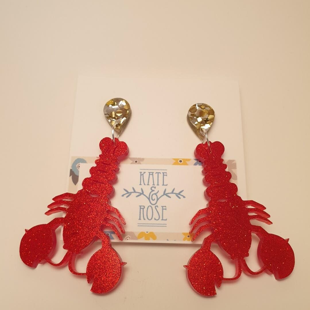 Lobster Studs Lobster earrings Red Lobster glitter studs Etsy