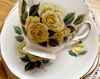 Teacup trio Royal Vale Yellow Roses  - Vintage Royal Vale teacup, saucer and side plate - fine bone English china by Royal Vale of England