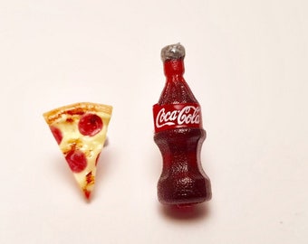 Pizza and Coca Cola / Coke studs - pepperoni & cheese - Pizza earrings - soda earrings - miniature polymer clay stud earrings - Junk food