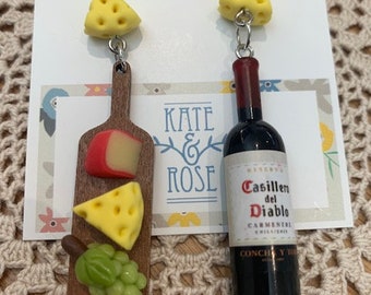 Cheese, wine and grapes long board & Red wine earrings - Christmas sharing board earrings  - Block of cheese studs / earrings